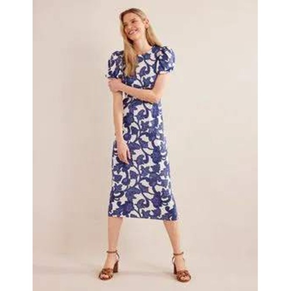 Boden Puff Sleeve Jersey Midi Dress Blue White Floral US 8R D0527